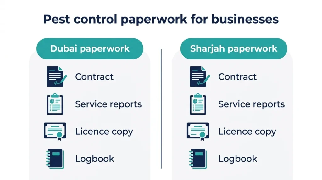 Pest control paperwork for businesses in Dubai and Sharjah: contract, service reports and licence copy