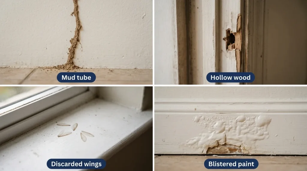 Signs of termites in a Dubai villa: mud tubes, hollow wood, discarded wings and blistered paint