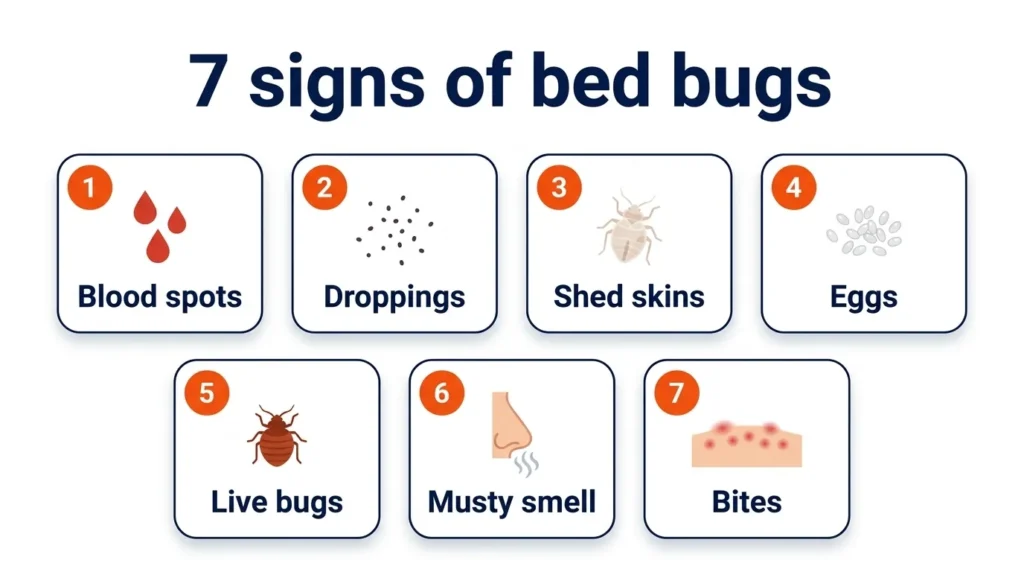Signs of bed bugs in a Sharjah home: blood spots, droppings, shed skins, eggs and bites