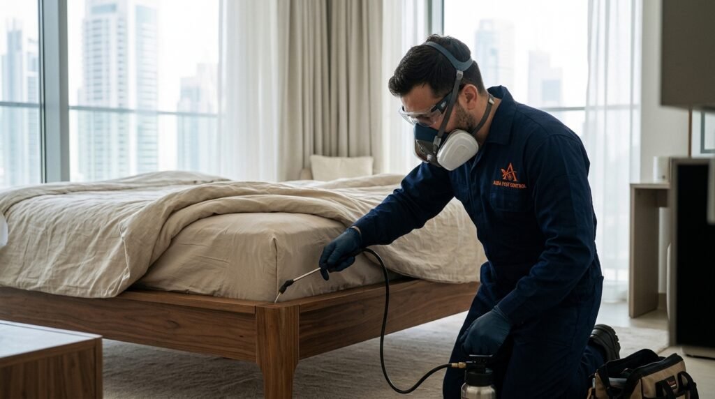 Targeted bed bug treatment on a bed frame by a licensed technician in Dubai