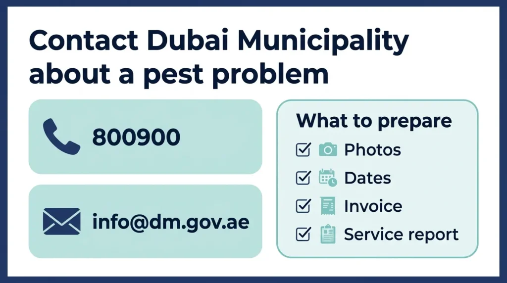 How to contact Dubai Municipality about a pest control problem