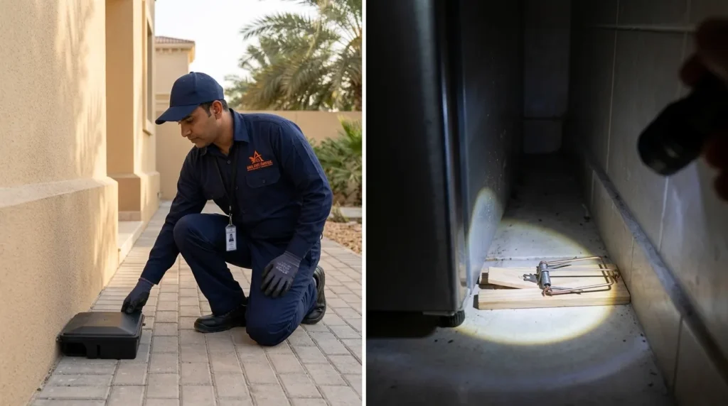 Rat control methods: bait station and snap trap placement in a UAE home