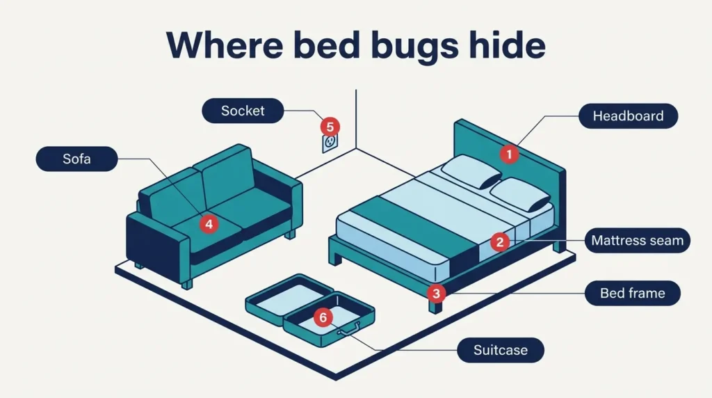 Where bed bugs hide in a bedroom: mattress seams, headboard, sofa and suitcase