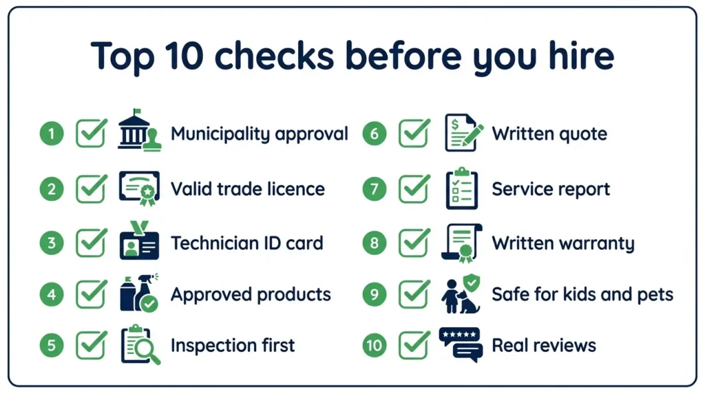 Top 10 checks for choosing a pest control company in Dubai: licence, ID card, inspection, products, warranty and report