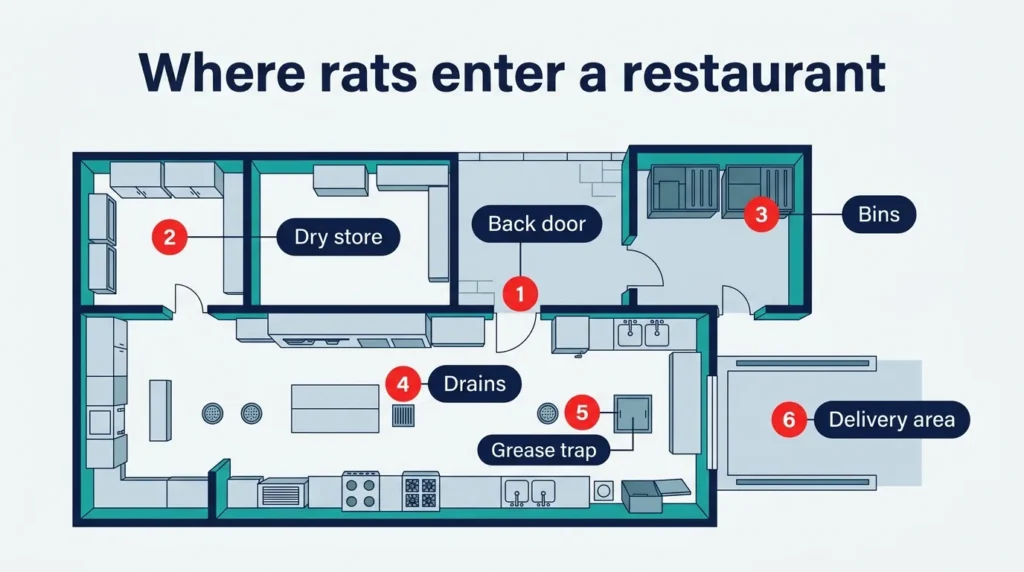 Where rats enter a restaurant in Dubai and Sharjah: back door, dry store, bins and drains