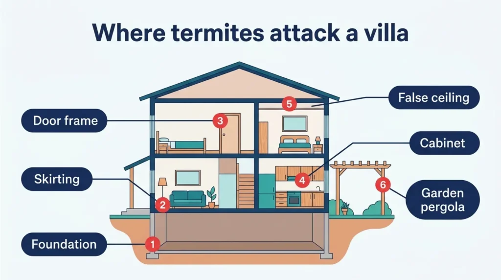 Where termites attack in a Dubai villa: foundation, skirting, door frames and garden wood