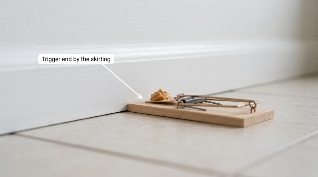 How to place a rat trap against a wall with bait