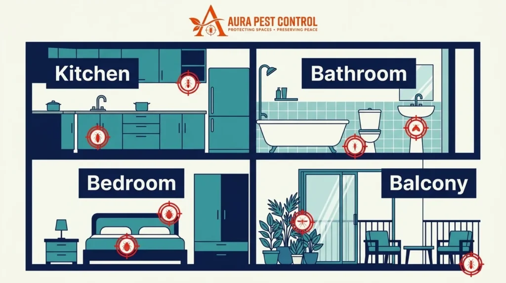 Where pests hide in a Dubai home: kitchen, bathroom, bedroom and balcony