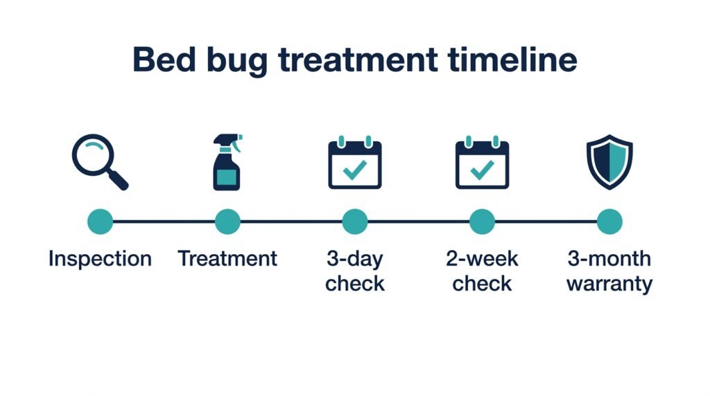 Bed bug treatment timeline with follow-up visits after 3 days and 2 weeks