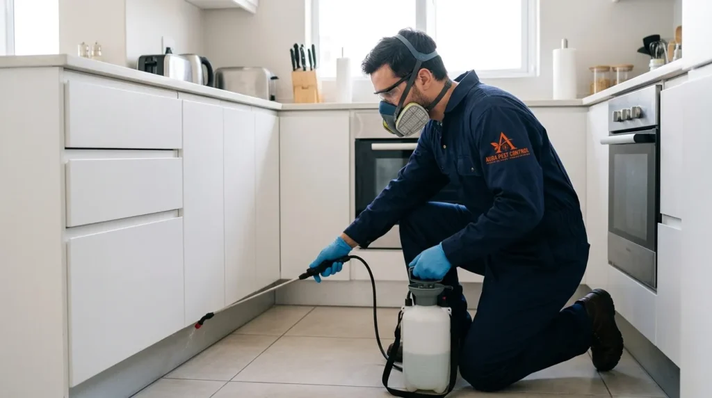 Licensed Dubai pest control technician in protective gear treating a home kitchen