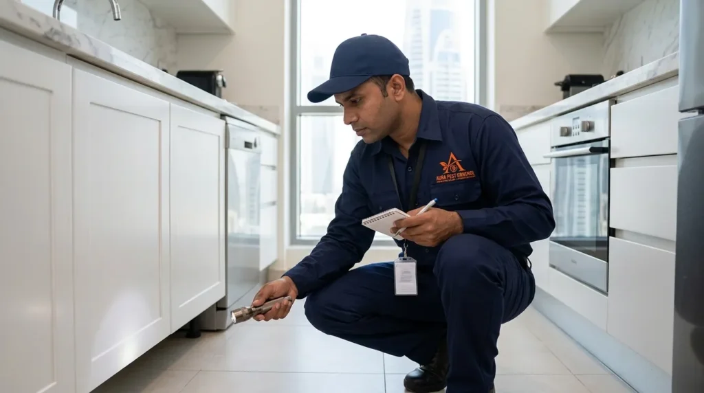 Aura Pest Control technician carrying out a pest inspection in a Dubai home