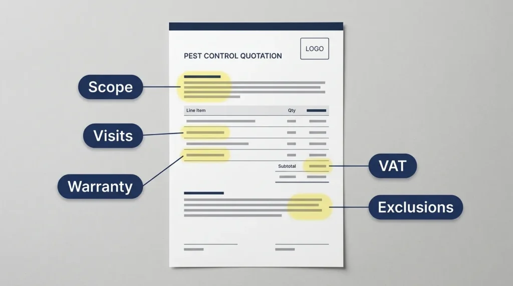 How to read a pest control quotation in Dubai: scope, visits, warranty and VAT