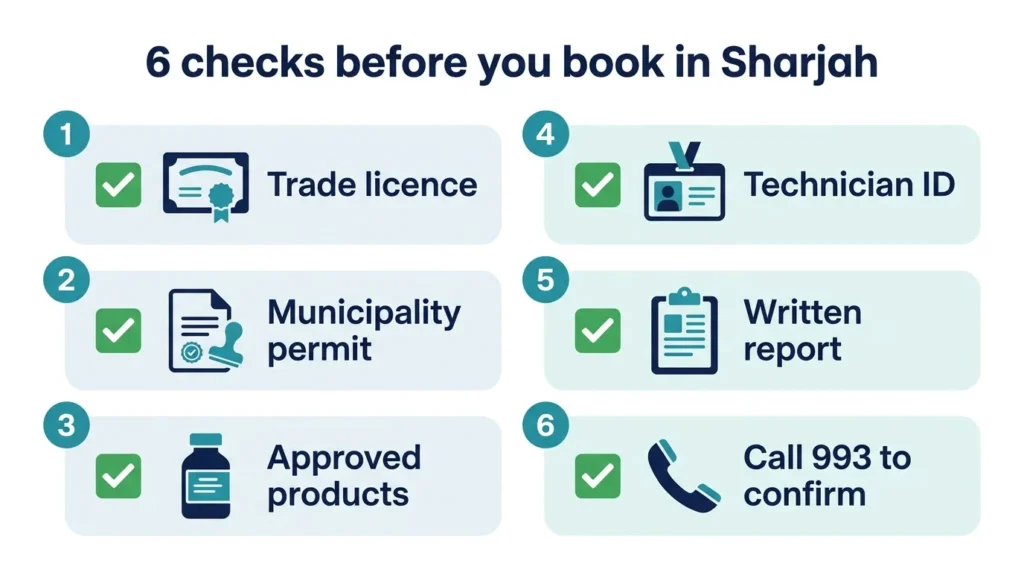 How to check a pest control company in Sharjah: licence, permit, products, technician ID and report