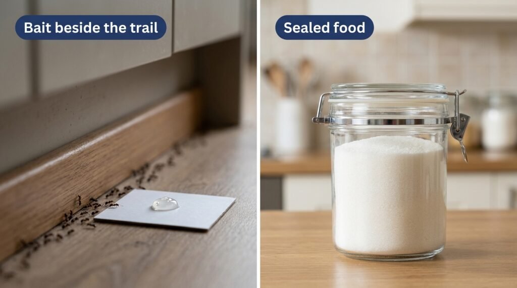 Ant bait gel placed next to an ant trail in a kitchen