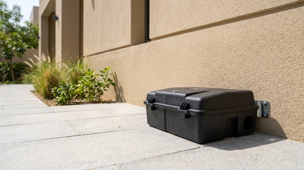 Tamper-resistant rat bait station fixed to a villa wall in Dubai