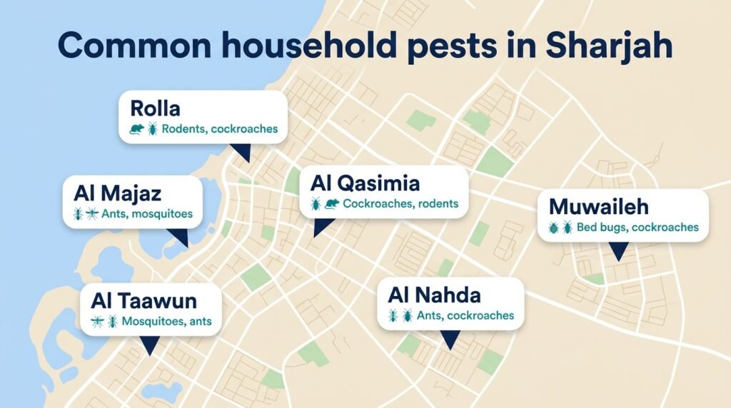 Common household pests in Sharjah areas: Al Nahda, Muwaileh, Rolla and Al Majaz