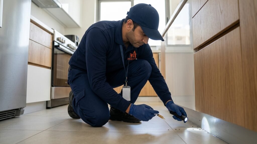 Aura Pest Control technician carrying out ant control in a Dubai home