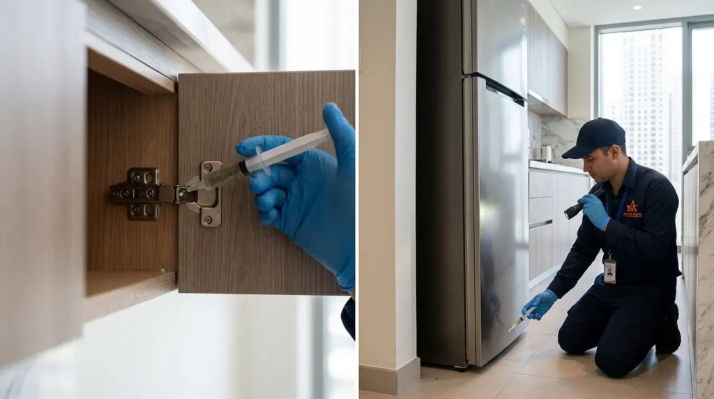Gel bait cockroach treatment in a kitchen by a technician in Dubai