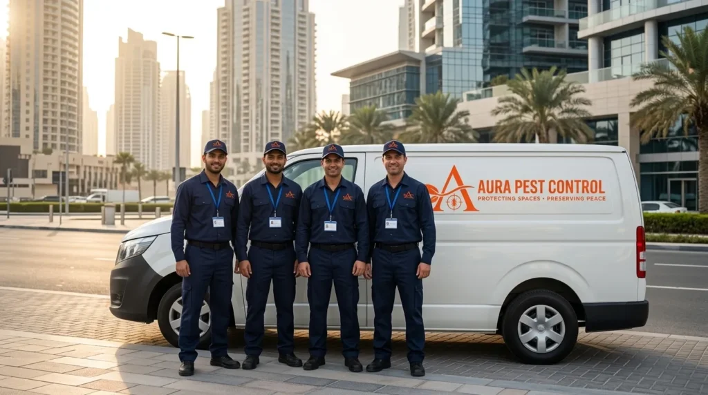 Aura Pest Control technicians with ID cards serving Dubai and Sharjah