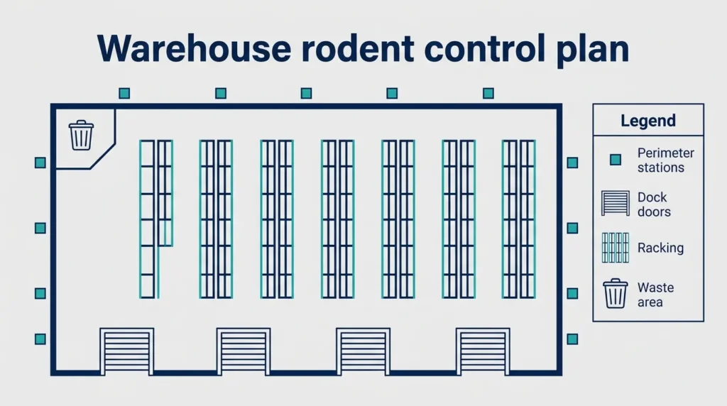 Rodent control plan for a warehouse in Dubai and Sharjah: perimeter stations, dock doors and racking