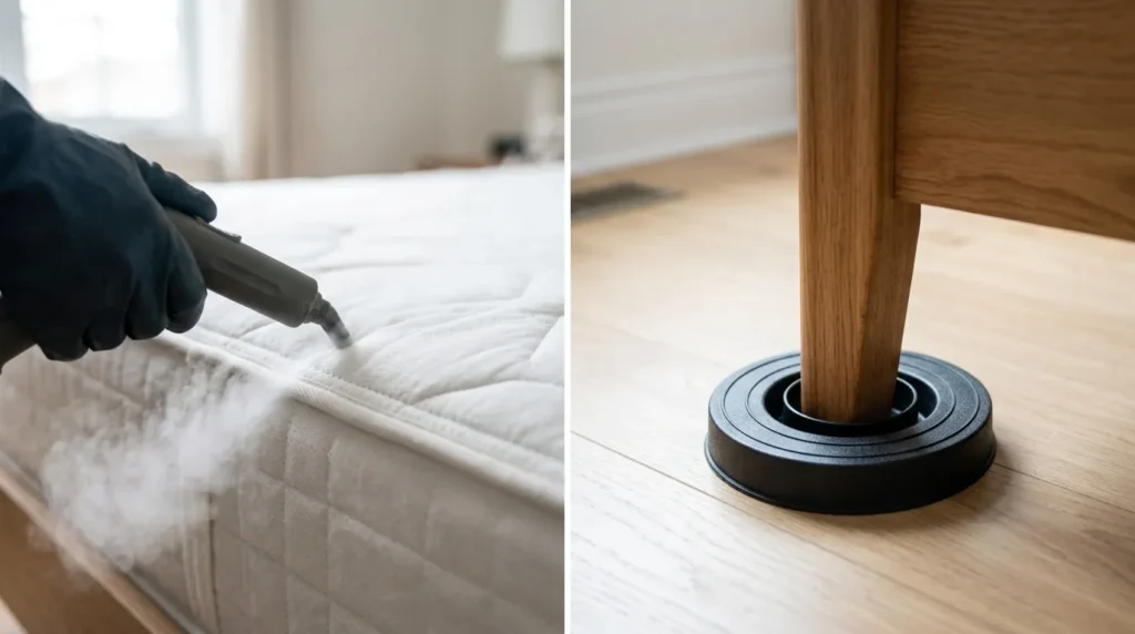 Steam cleaning a mattress seam and a bed bug interceptor under a bed leg