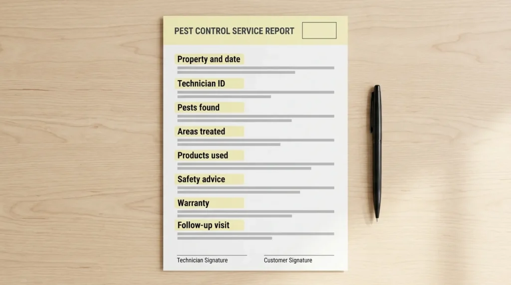 Example of a proper pest control service report in Dubai