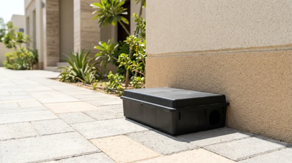 Tamper-resistant rat bait station outside a villa in the UAE
