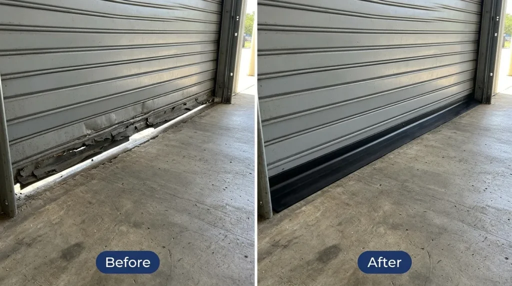Dock door rodent proofing before and after in a Sharjah warehouse