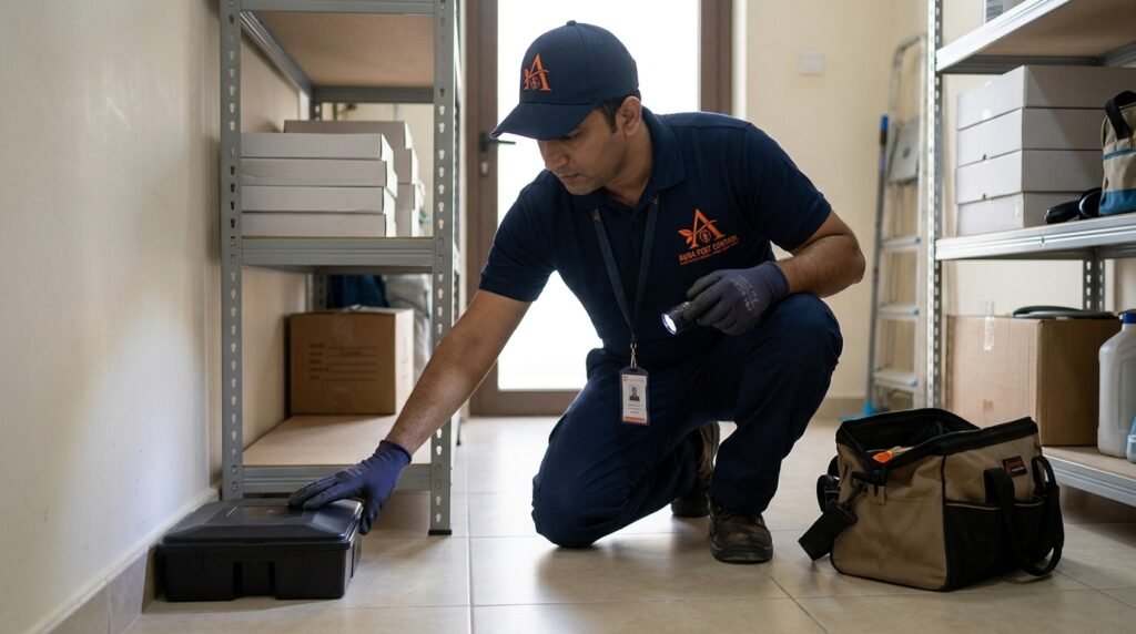 Aura Pest Control technician placing a rat trap in a Dubai villa