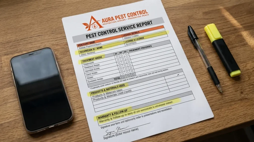 Example of a pest control service report with products used, technician ID and warranty