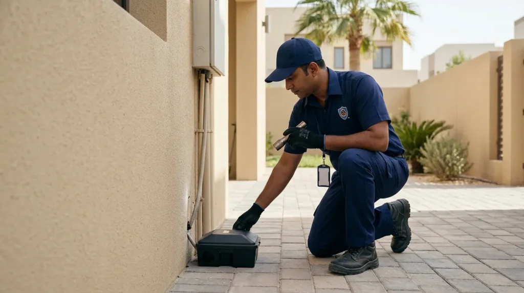 Aura Pest Control technician carrying out rat treatment in a Dubai home