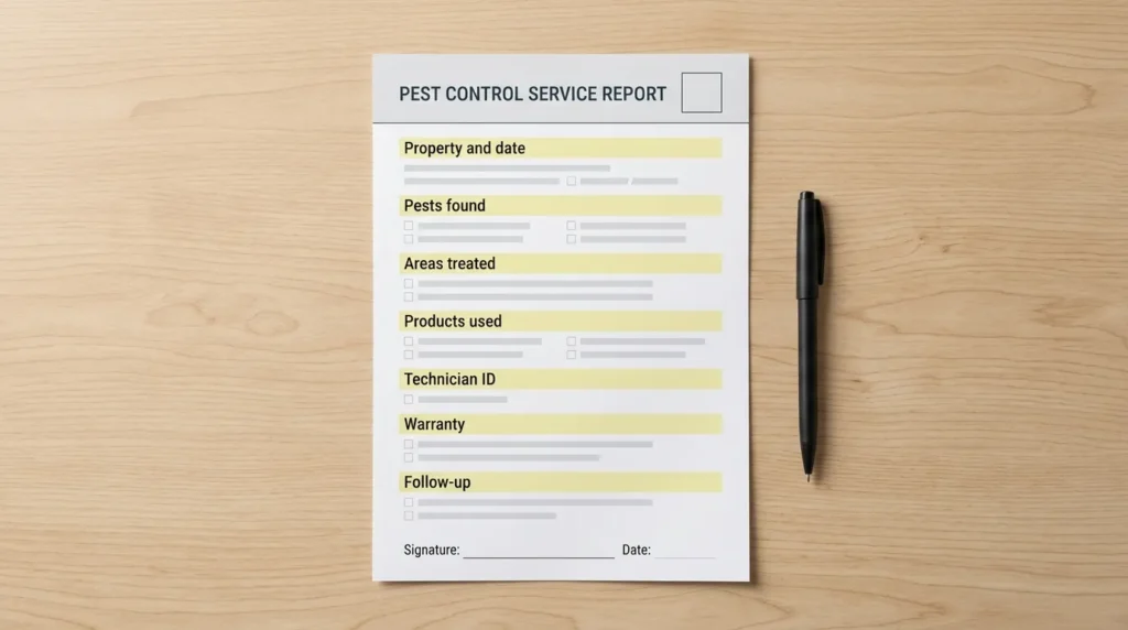 Example pest control service report for a Sharjah home or shop with products used and technician ID