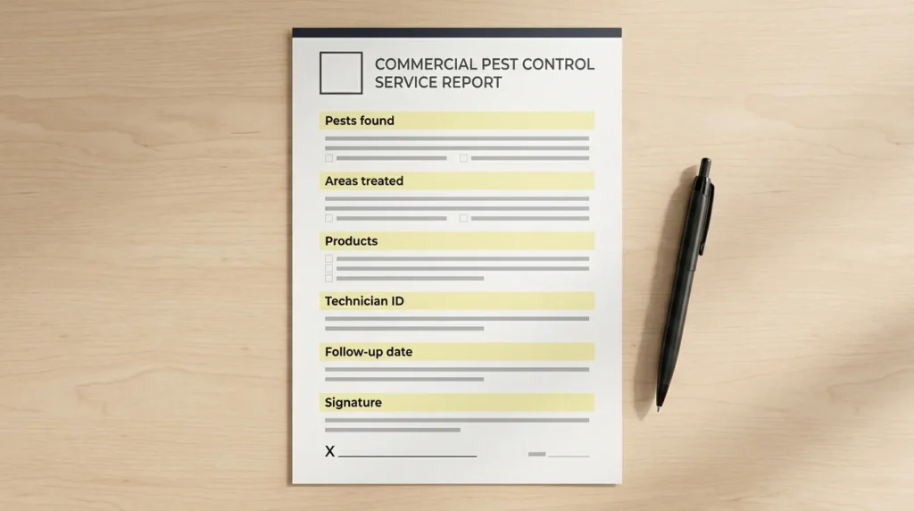 Commercial pest control service report example for restaurants and offices in Dubai