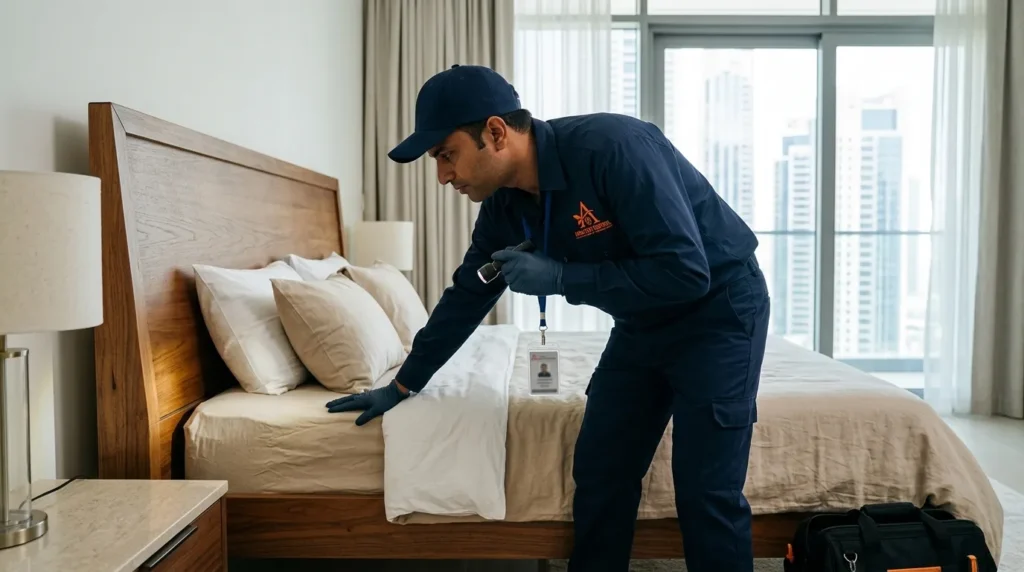 Aura Pest Control technician inspecting a bed for bed bugs in Dubai