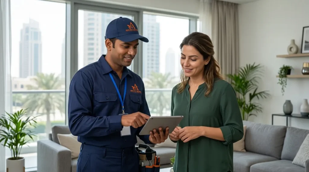 Aura Pest Control technician explaining a home pest control plan in Dubai