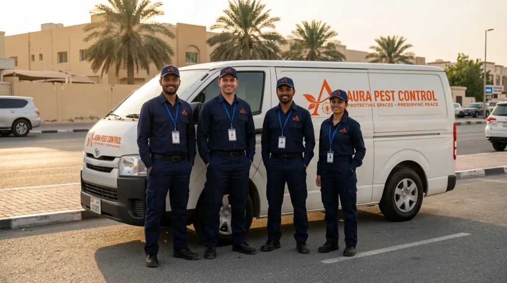 Aura Pest Control technicians serving Sharjah with ID cards visible
