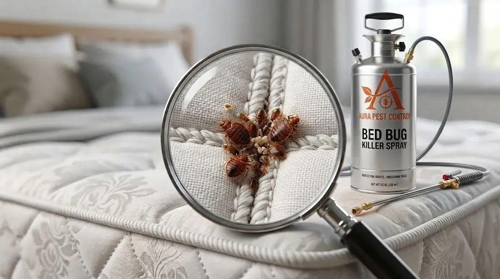 Magnifying glass focusing on bed bugs and eggs on a mattress next to an Aura Pest Control Bed Bug Killer Spray bottle.