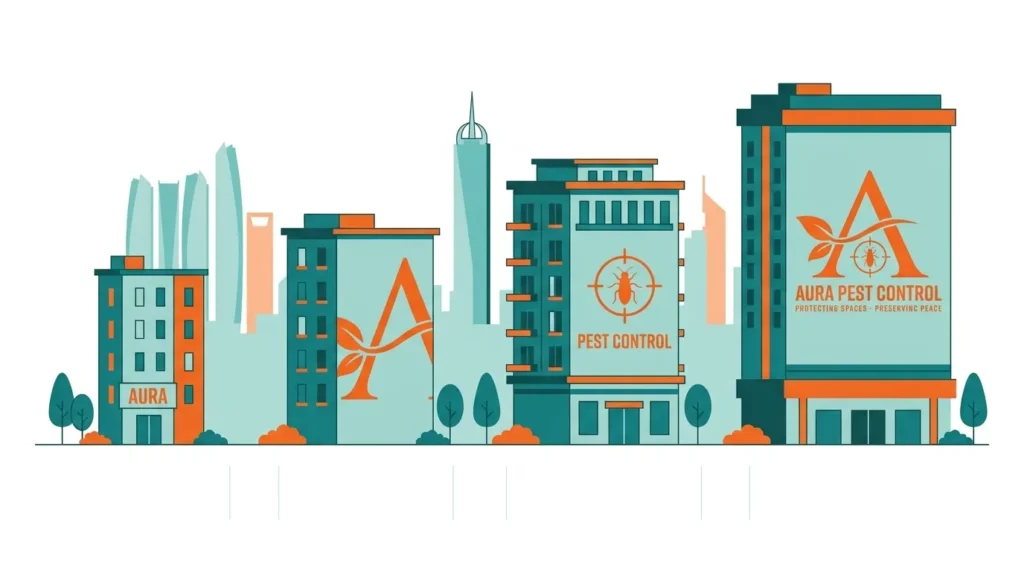 Vector illustration by Aura Pest Control depicting urban apartment buildings against a city skyline backdrop