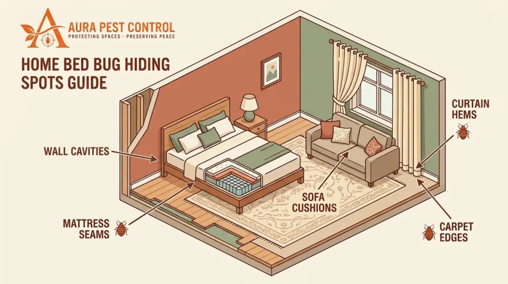 Illustrated room diagram by Aura Pest Control highlighting common home bed bug hiding spots including wall cavities, mattress seams, sofa cushions, carpet edges, and curtain hems.