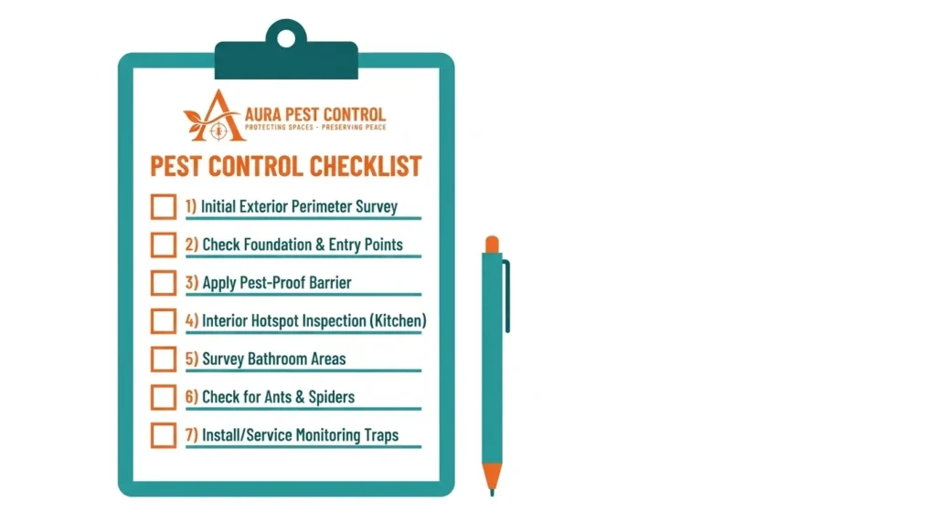 Aura Pest Control checklist graphic featuring seven inspection and treatment steps on a clipboard alongside a pen.