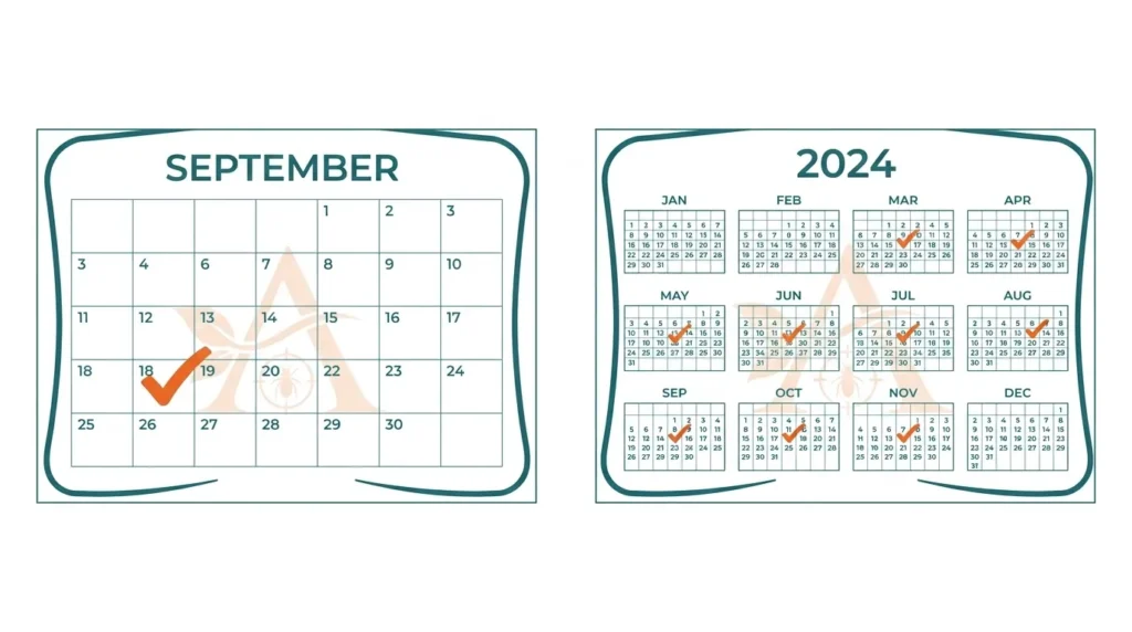 Vector illustration by Aura Pest Control comparing calendar pages, highlighting scheduled treatment dates across a monthly and yearly 2024 calendar.