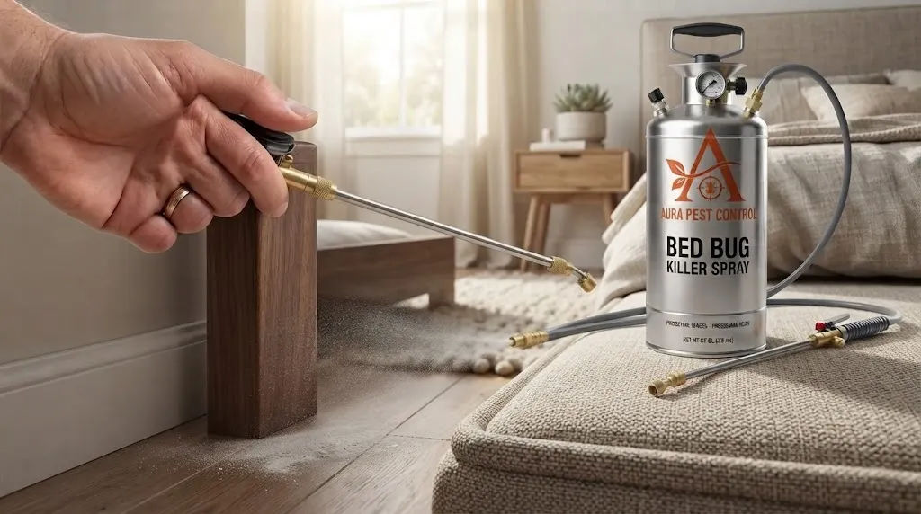 Aura Pest Control powder duster applying treatment powder to a wooden bed frame leg and baseboard