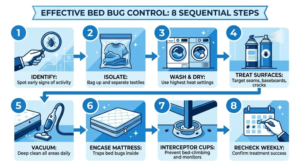 Infographic flowchart by Aura Pest Control outlining 8 sequential steps for effective bed bug control, from identification to weekly rechecks.