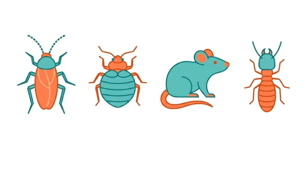 Four cartoon pest icons representing a cockroach, a bed bug, a mouse, and a termite for Aura Pest Control.