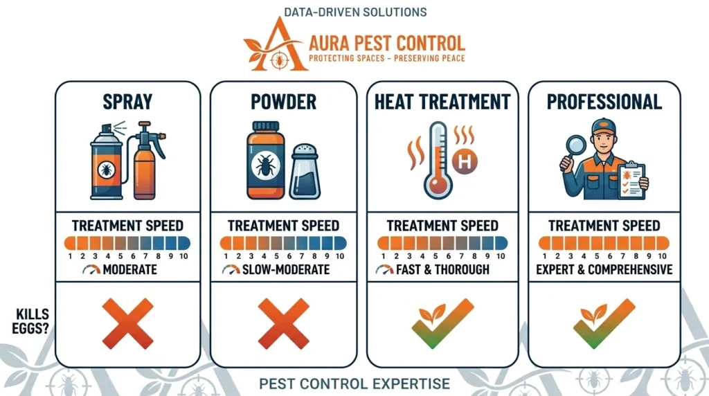 Aura Pest Control comparing pest control methods—Spray, Powder, Heat Treatment, and Professional—by treatment speed and whether they kill eggs