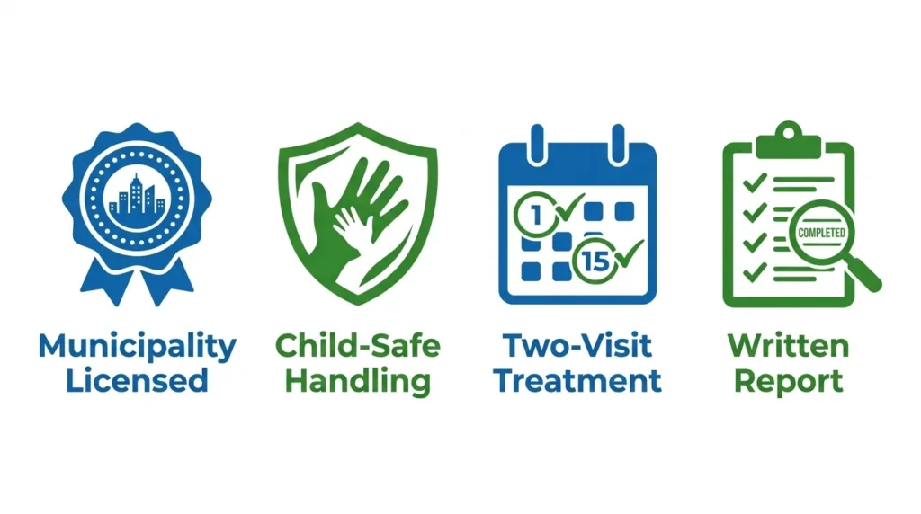 Infographic displaying four service features by Aura Pest Control: Municipality Licensed, Child-Safe Handling, Two-Visit Treatment, and Written Report.