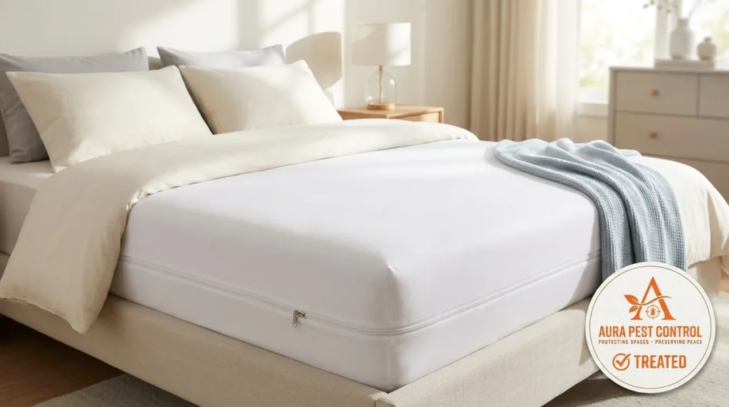 A white bed mattress securely fitted with a zippered protective encasement featuring an Aura Pest Control treated badg