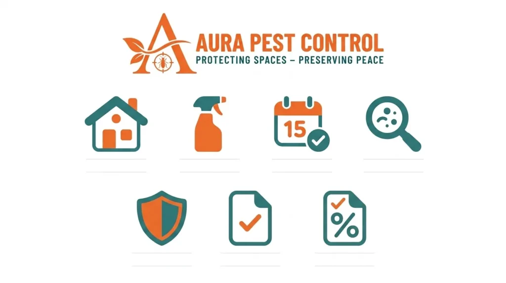 Grid vector illustration by Aura Pest Control featuring seven service and safety icons including a home, spray bottle, calendar, magnifying glass, shield, and document checkmarks.