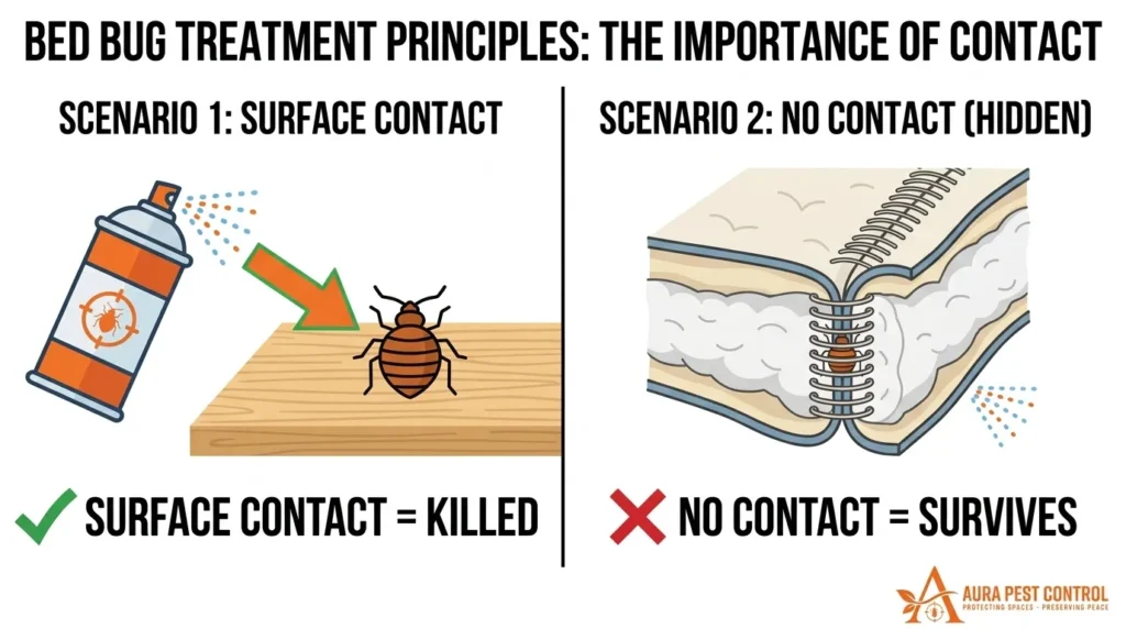 Infographic by Aura Pest Control comparing bed bug treatment principles: surface contact kills bugs, while no contact means they survive