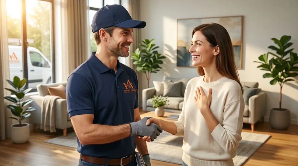 Aura Pest Control technician shaking hands with a smiling resident inside a modern living room.